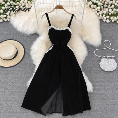 Elegant Women Vintage Velvet Dress Winter Fashion Spaghetti Strap Sleeveless Floral Beading Pockets A-line Midi Party Dress