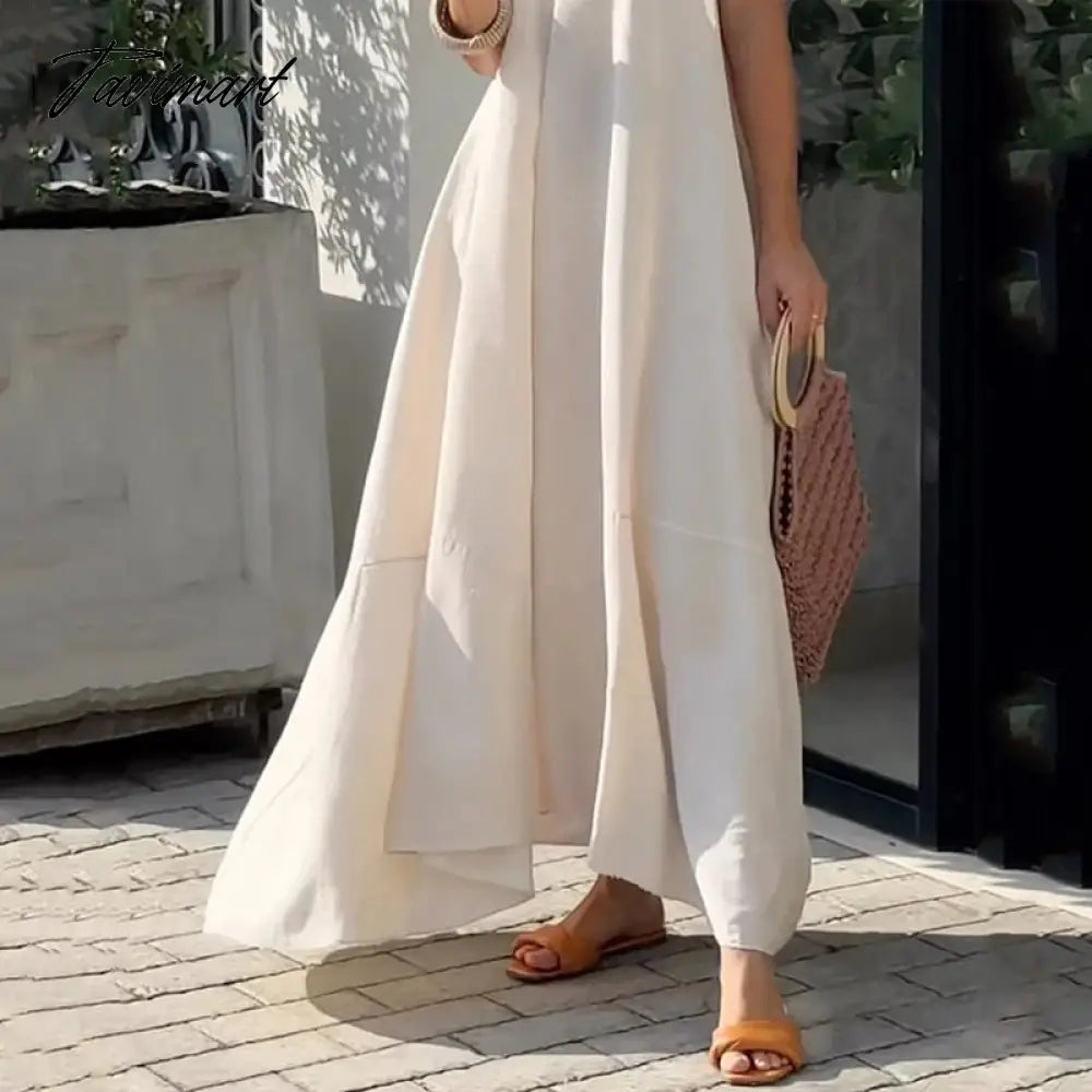 Ellafads Women Maxi Dress Summer Casual Solid Sleeveless V Neck Lace Up Loose Vacation Beach Dresses High Streetwear