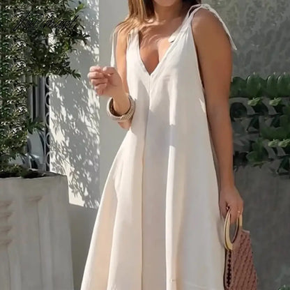 Ellafads Women Maxi Dress Summer Casual Solid Sleeveless V Neck Lace Up Loose Vacation Beach Dresses High Streetwear