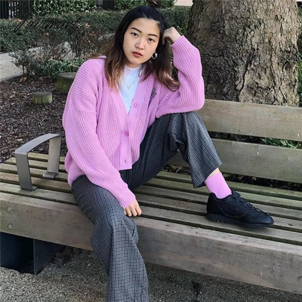 Embroidered Angelic Pink Knitted Cardigan Cozy Loose Fit Front button Sweater Women Soft Girl Moco Pastel Grunge Aesthetic Y2K