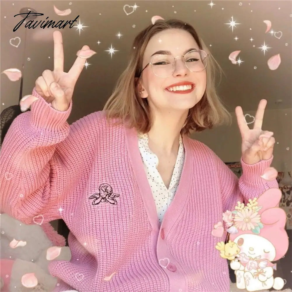 Embroidered Angelic Pink Knitted Cardigan Cozy Loose Fit Front button Sweater Women Soft Girl Moco Pastel Grunge Aesthetic Y2K