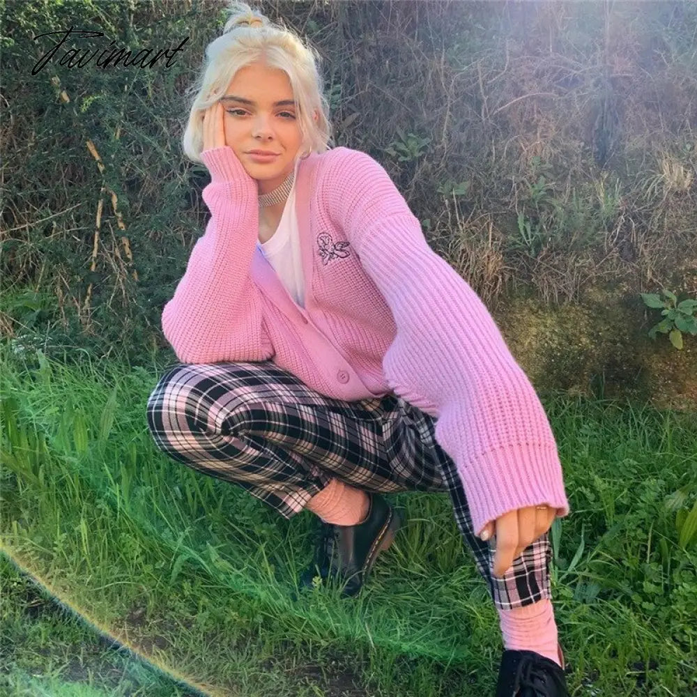 Embroidered Angelic Pink Knitted Cardigan Cozy Loose Fit Front button Sweater Women Soft Girl Moco Pastel Grunge Aesthetic Y2K