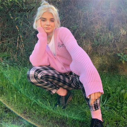 Embroidered Angelic Pink Knitted Cardigan Cozy Loose Fit Front button Sweater Women Soft Girl Moco Pastel Grunge Aesthetic Y2K