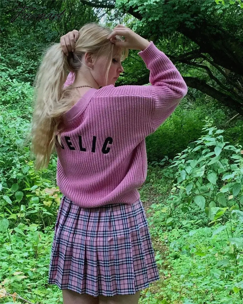 Embroidered Angelic Pink Knitted Cardigan Cozy Loose Fit Front button Sweater Women Soft Girl Moco Pastel Grunge Aesthetic Y2K