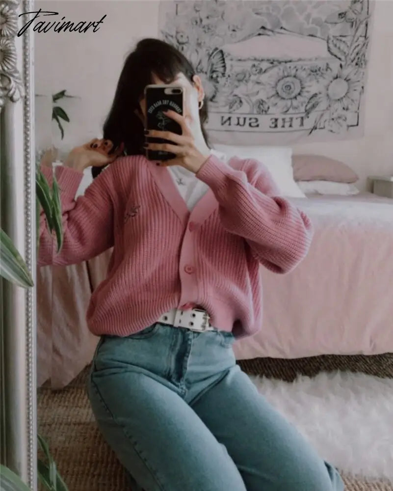 Embroidered Angelic Pink Knitted Cardigan Cozy Loose Fit Front button Sweater Women Soft Girl Moco Pastel Grunge Aesthetic Y2K