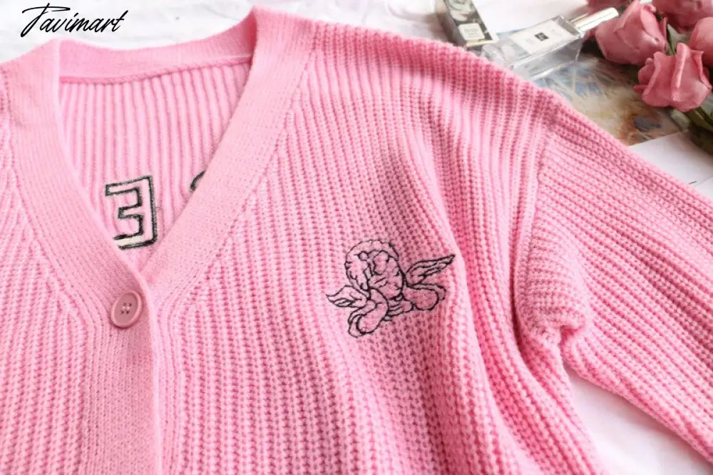 Embroidered Angelic Pink Knitted Cardigan Cozy Loose Fit Front button Sweater Women Soft Girl Moco Pastel Grunge Aesthetic Y2K