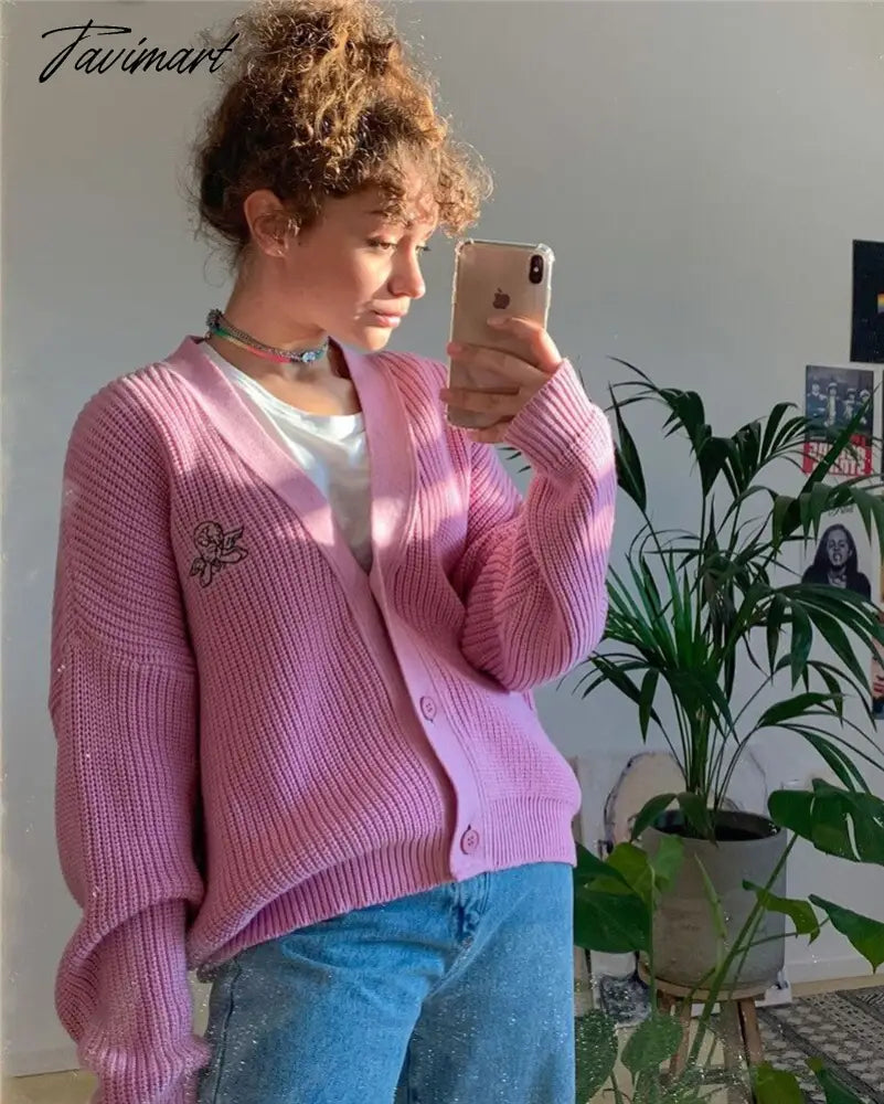 Embroidered Angelic Pink Knitted Cardigan Cozy Loose Fit Front button Sweater Women Soft Girl Moco Pastel Grunge Aesthetic Y2K