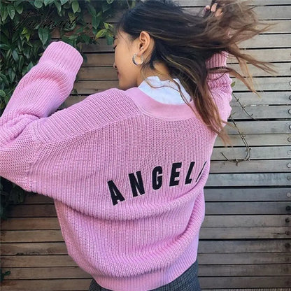 Embroidered Angelic Pink Knitted Cardigan Cozy Loose Fit Front button Sweater Women Soft Girl Moco Pastel Grunge Aesthetic Y2K