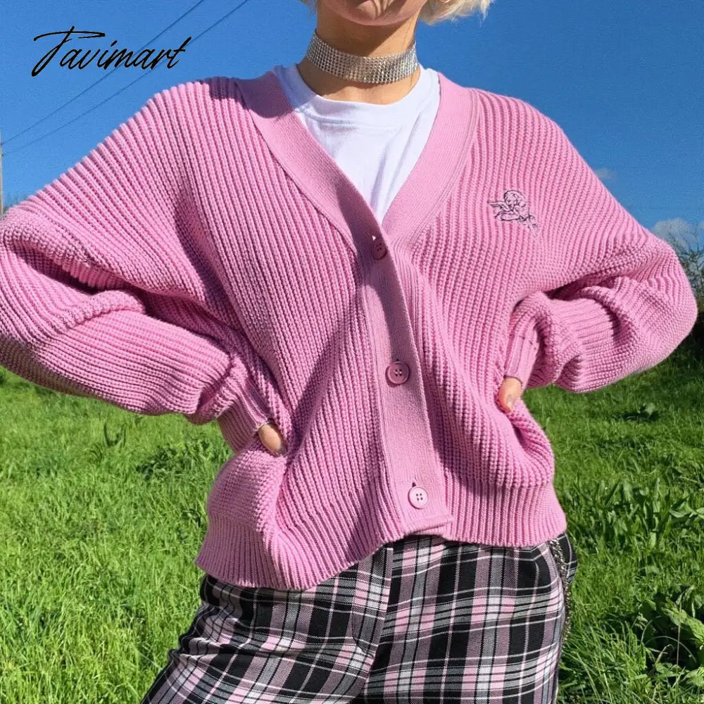 Embroidered Angelic Pink Knitted Cardigan Cozy Loose Fit Front button Sweater Women Soft Girl Moco Pastel Grunge Aesthetic Y2K