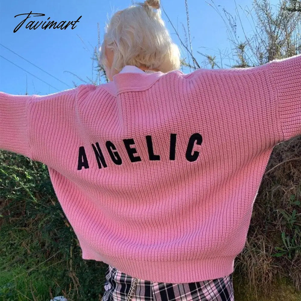 Embroidered Angelic Pink Knitted Cardigan Cozy Loose Fit Front button Sweater Women Soft Girl Moco Pastel Grunge Aesthetic Y2K