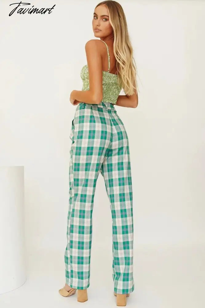 England Style High Street Vintage Green Plaid High Wasit Straight Harem Pants Women Casual Trousers
