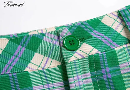 England Style High Street Vintage Green Plaid High Wasit Straight Harem Pants Women Casual Trousers