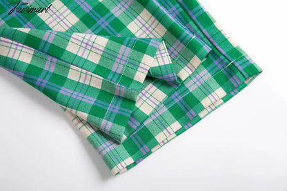 England Style High Street Vintage Green Plaid High Wasit Straight Harem Pants Women Casual Trousers