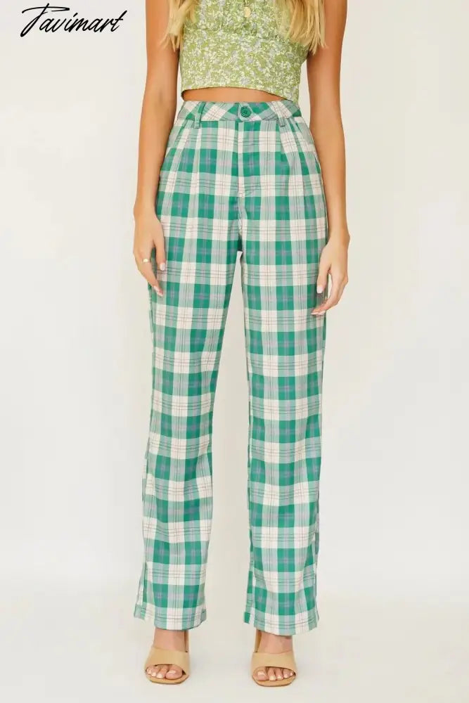 England Style High Street Vintage Green Plaid High Wasit Straight Harem Pants Women Casual Trousers