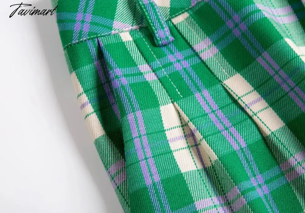 England Style High Street Vintage Green Plaid High Wasit Straight Harem Pants Women Casual Trousers