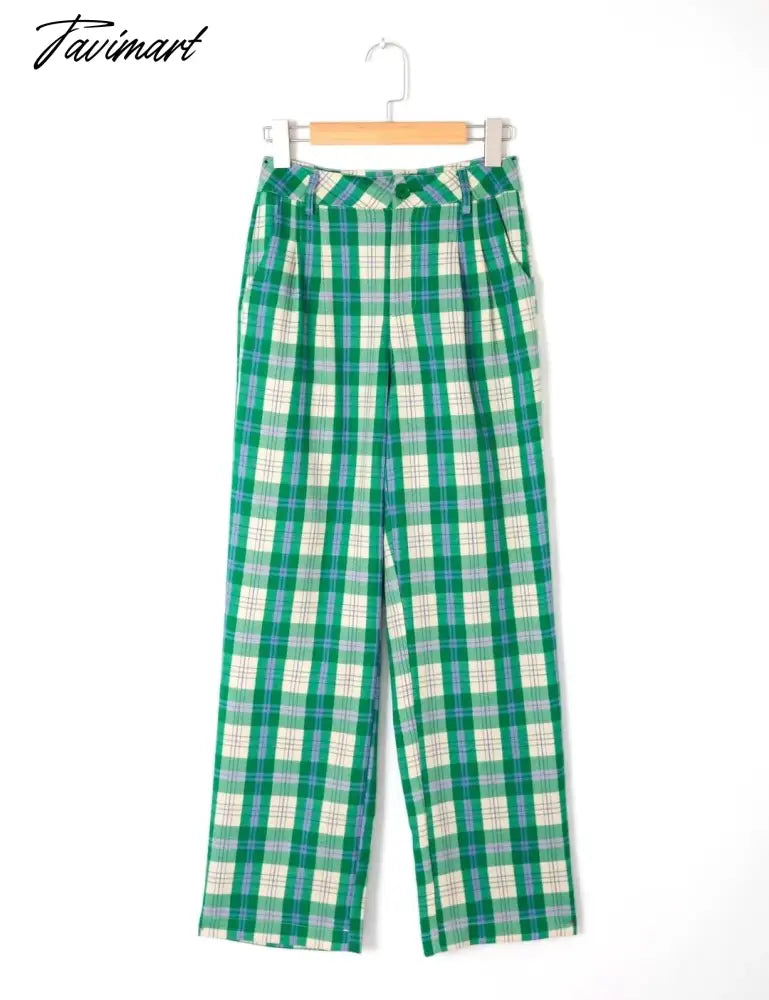 England Style High Street Vintage Green Plaid High Wasit Straight Harem Pants Women Casual Trousers