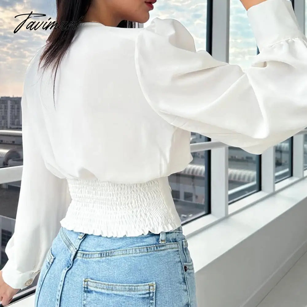 Europe And The United States New Women's V-Neck Sexy Long Sleeved Short Waist Bubble Sleeve Solid Color Pleated Shirt Female