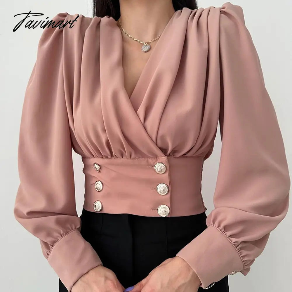 Europe And The United States New Women's V-Neck Sexy Long Sleeved Short Waist Bubble Sleeve Solid Color Pleated Shirt Female