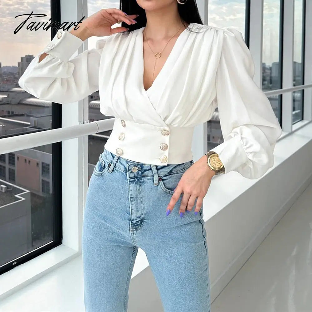 Europe And The United States New Women's V-Neck Sexy Long Sleeved Short Waist Bubble Sleeve Solid Color Pleated Shirt Female