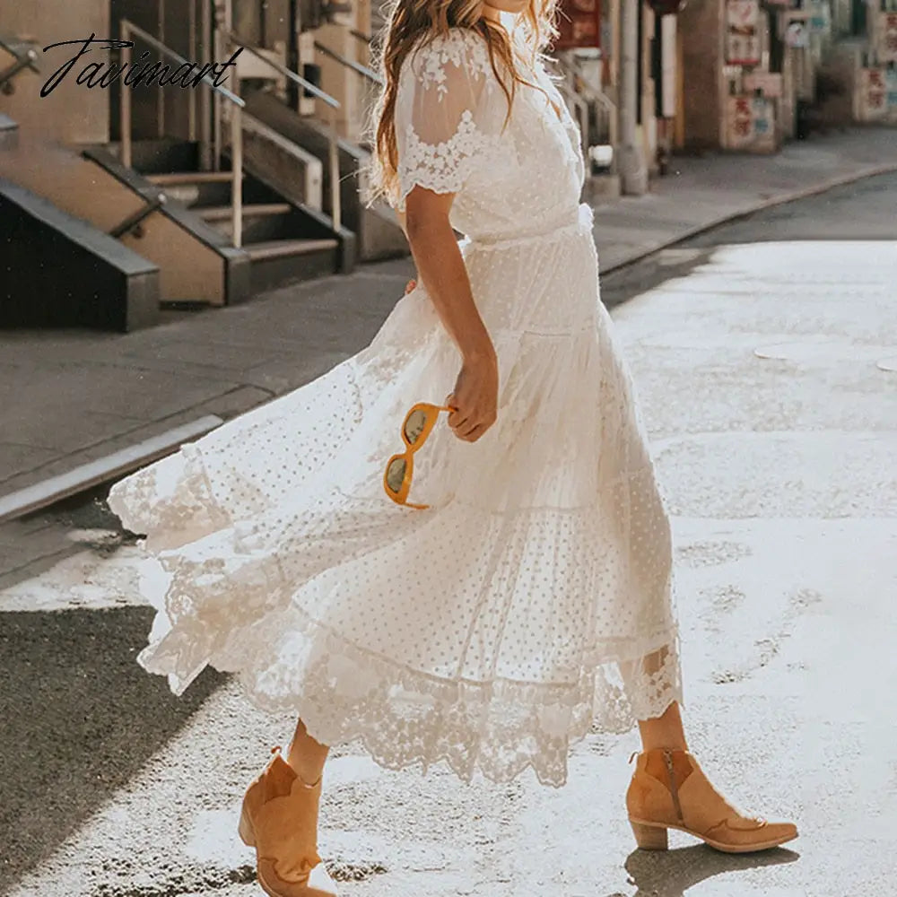 Europe And The United States Summer New Women's French Pure Color Hollow V-Neck Short Sleeved Lace White Dress Female