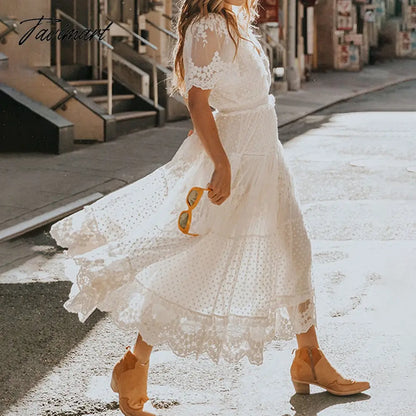 Europe And The United States Summer New Women's French Pure Color Hollow V-Neck Short Sleeved Lace White Dress Female