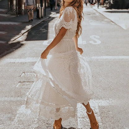 Europe And The United States Summer New Women's French Pure Color Hollow V-Neck Short Sleeved Lace White Dress Female