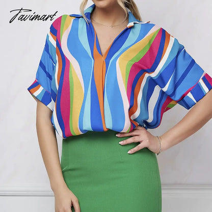 Europe And The United States Summer Women's Geometric Casual Loose Short Sleeved Shirt Female Striped Print Pullover Top Shirt