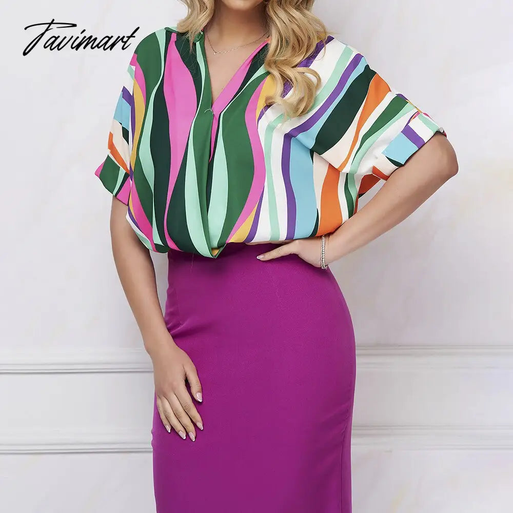 Europe And The United States Summer Women's Geometric Casual Loose Short Sleeved Shirt Female Striped Print Pullover Top Shirt