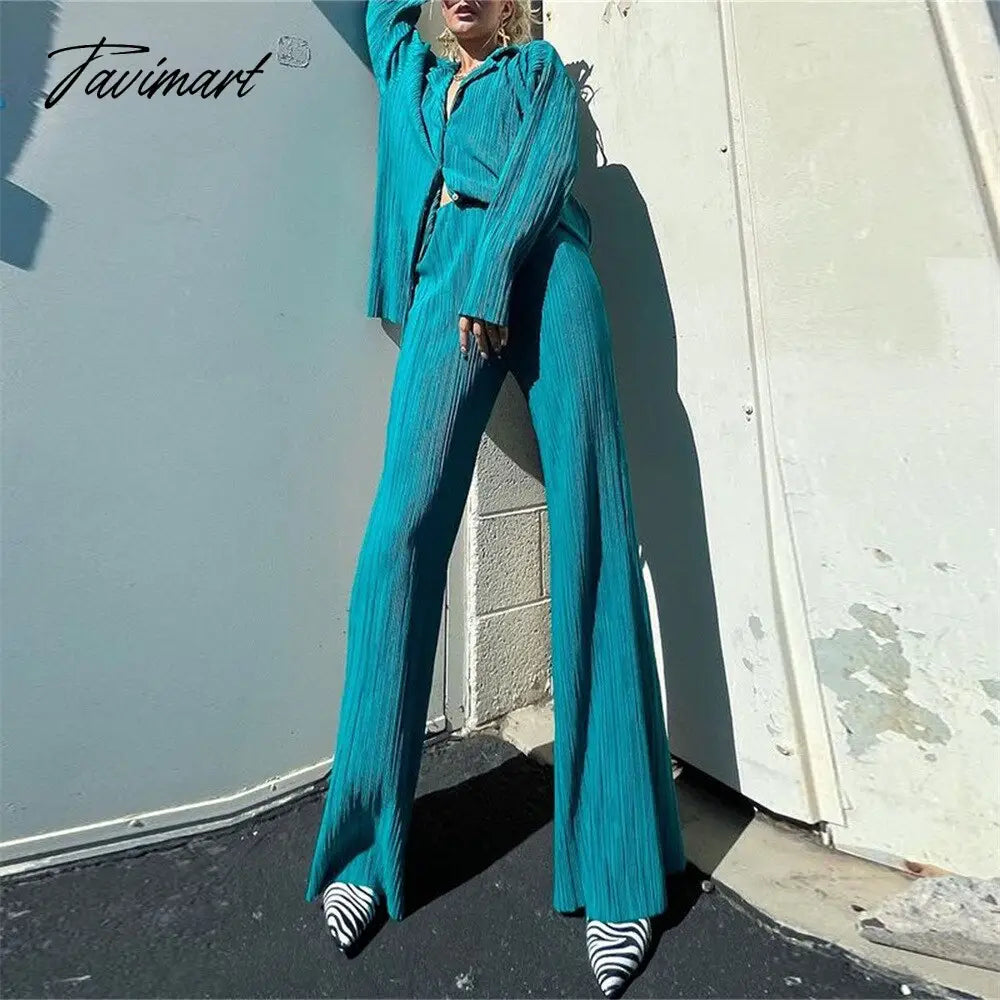 European American fashion Causal Pleated Pants Blouse Shirt 2 Pieces Set Women Suits Straight Trousers