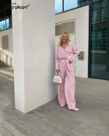 European American fashion Causal Pleated Pants Blouse Shirt 2 Pieces Set Women Suits Straight Trousers