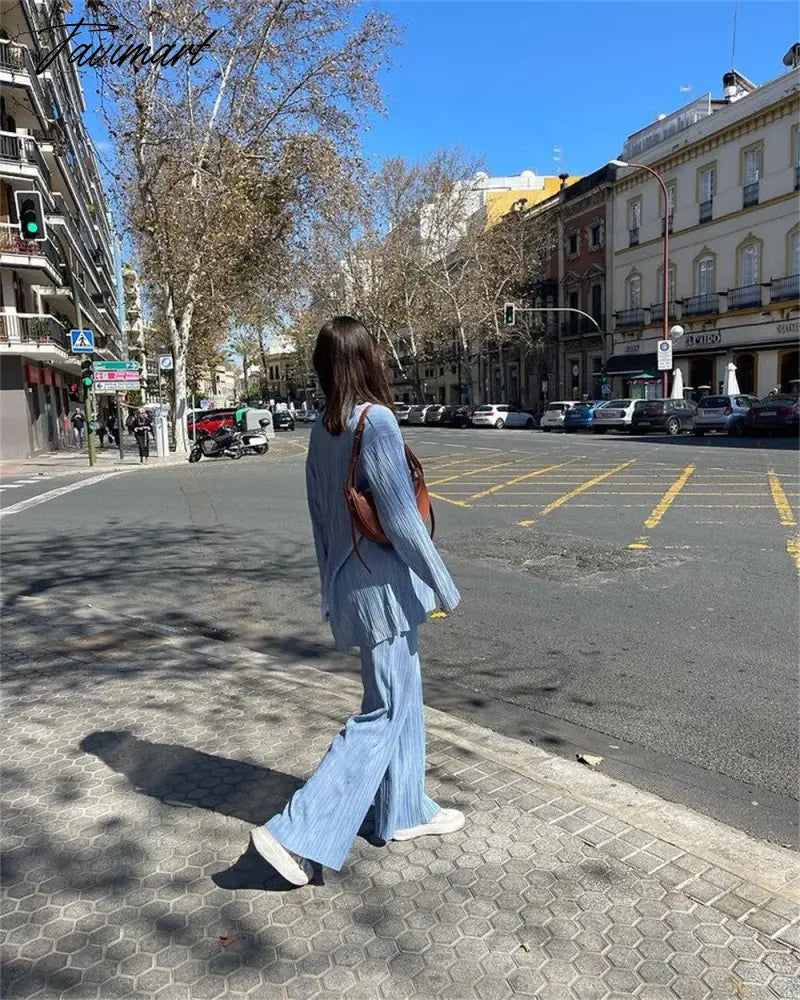 European American fashion Causal Pleated Pants Blouse Shirt 2 Pieces Set Women Suits Straight Trousers