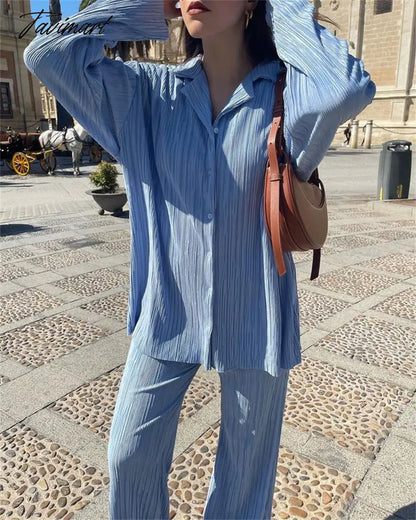 European American fashion Causal Pleated Pants Blouse Shirt 2 Pieces Set Women Suits Straight Trousers