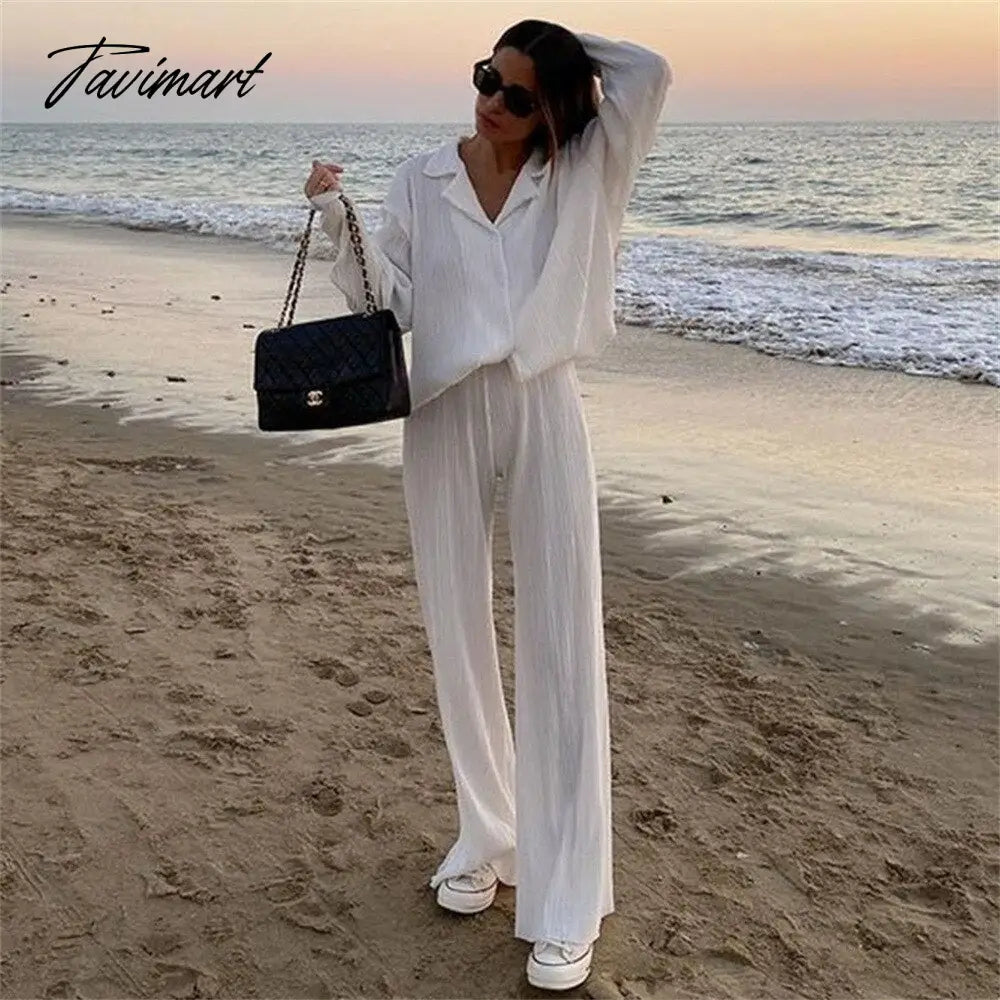 European American fashion Causal Pleated Pants Blouse Shirt 2 Pieces Set Women Suits Straight Trousers