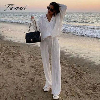 European American fashion Causal Pleated Pants Blouse Shirt 2 Pieces Set Women Suits Straight Trousers