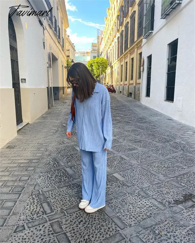 European American fashion Causal Pleated Pants Blouse Shirt 2 Pieces Set Women Suits Straight Trousers