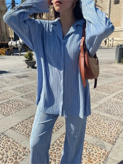 European American fashion Causal Pleated Pants Blouse Shirt 2 Pieces Set Women Suits Straight Trousers