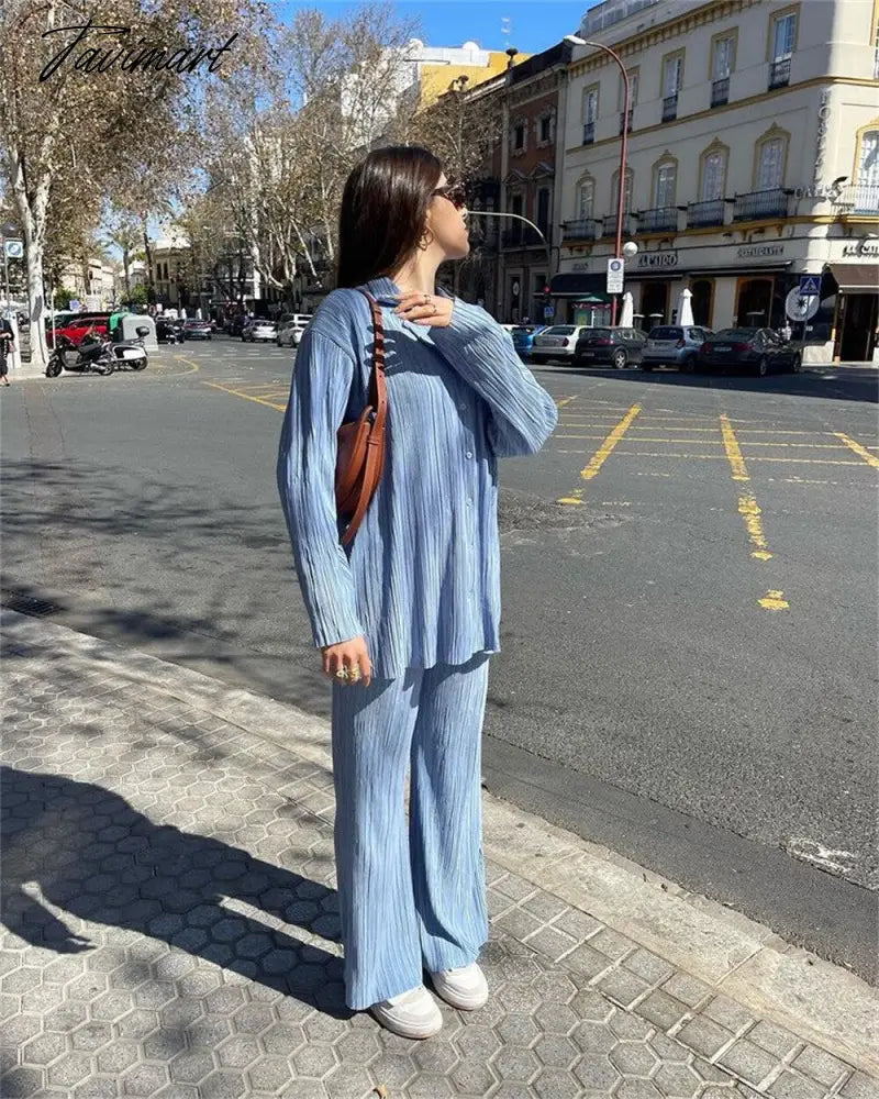 European American fashion Causal Pleated Pants Blouse Shirt 2 Pieces Set Women Suits Straight Trousers