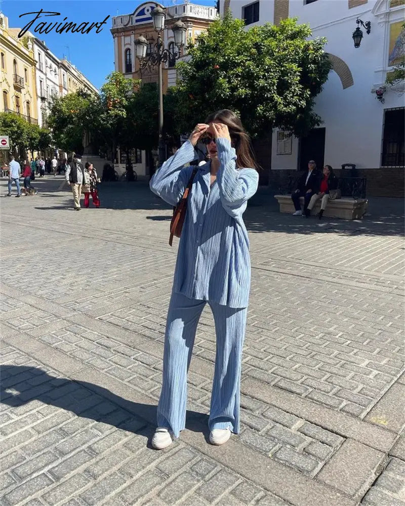 European American fashion Causal Pleated Pants Blouse Shirt 2 Pieces Set Women Suits Straight Trousers