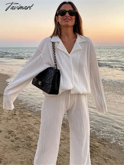 European American fashion Causal Pleated Pants Blouse Shirt 2 Pieces Set Women Suits Straight Trousers