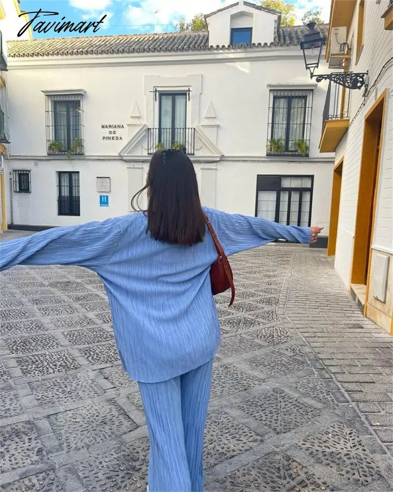 European American fashion Causal Pleated Pants Blouse Shirt 2 Pieces Set Women Suits Straight Trousers