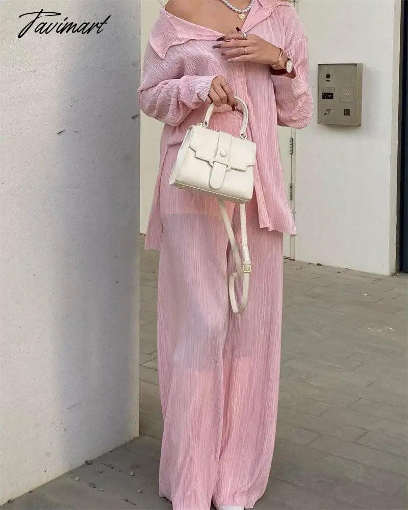 European American fashion Causal Pleated Pants Blouse Shirt 2 Pieces Set Women Suits Straight Trousers