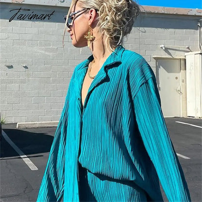 European American fashion Causal Pleated Pants Blouse Shirt 2 Pieces Set Women Suits Straight Trousers