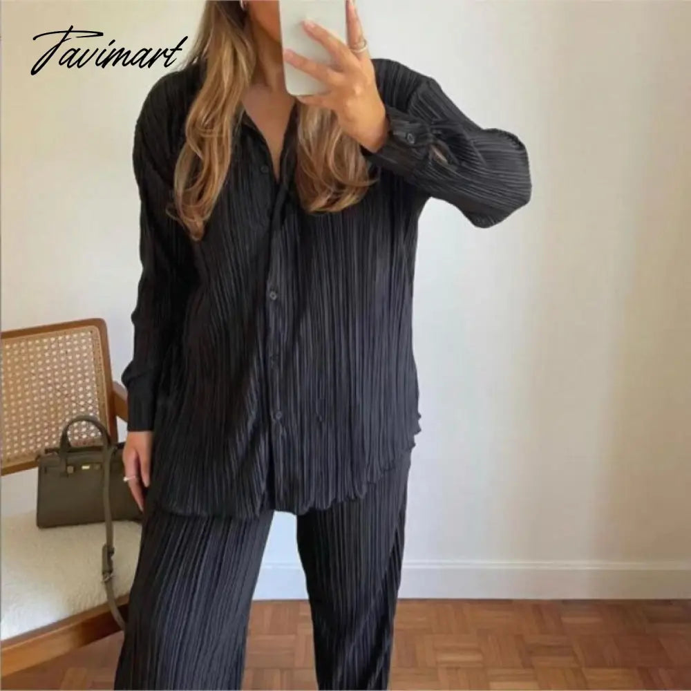 European American fashion Causal Pleated Pants Blouse Shirt 2 Pieces Set Women Suits Straight Trousers