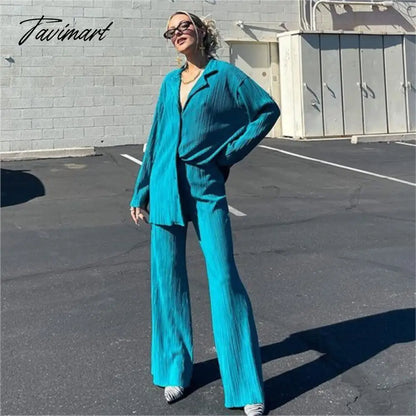 European American fashion Causal Pleated Pants Blouse Shirt 2 Pieces Set Women Suits Straight Trousers