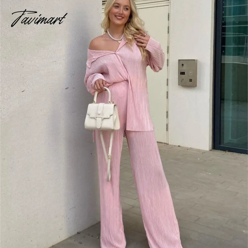 European American fashion Causal Pleated Pants Blouse Shirt 2 Pieces Set Women Suits Straight Trousers