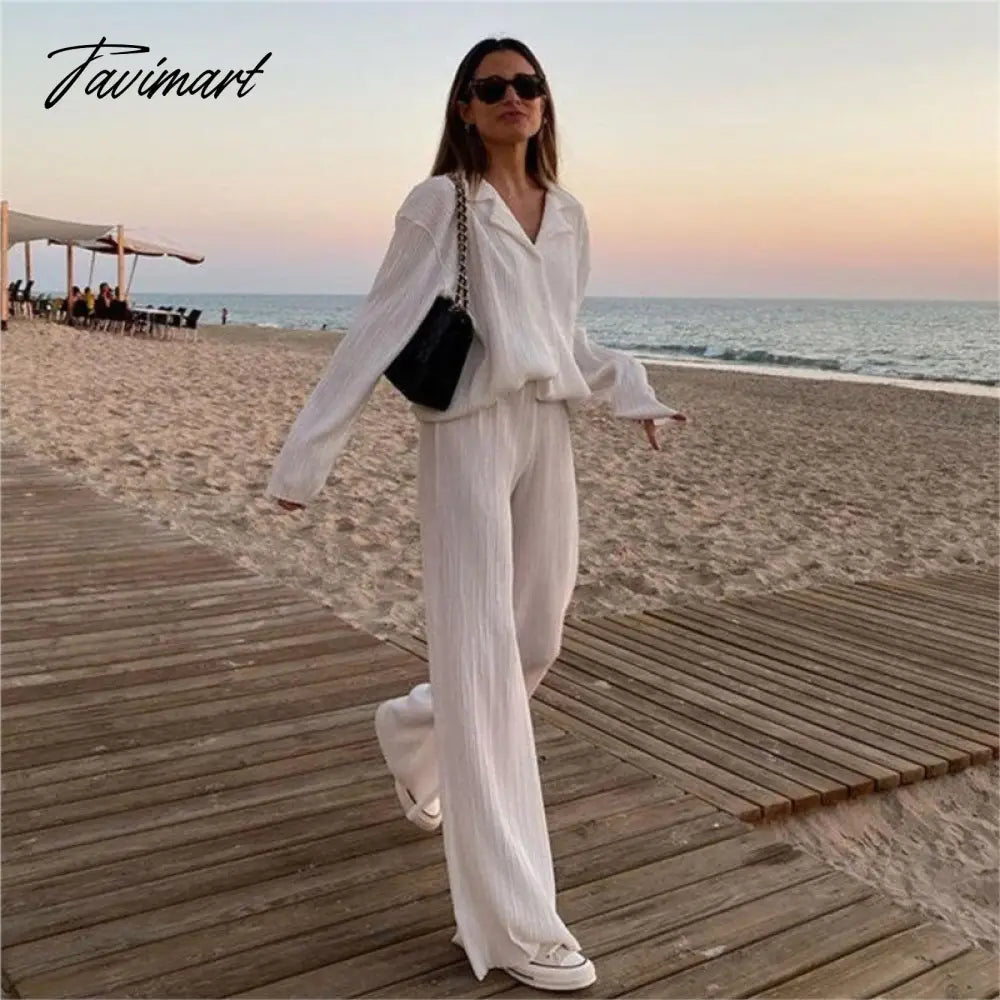 European American fashion Causal Pleated Pants Blouse Shirt 2 Pieces Set Women Suits Straight Trousers