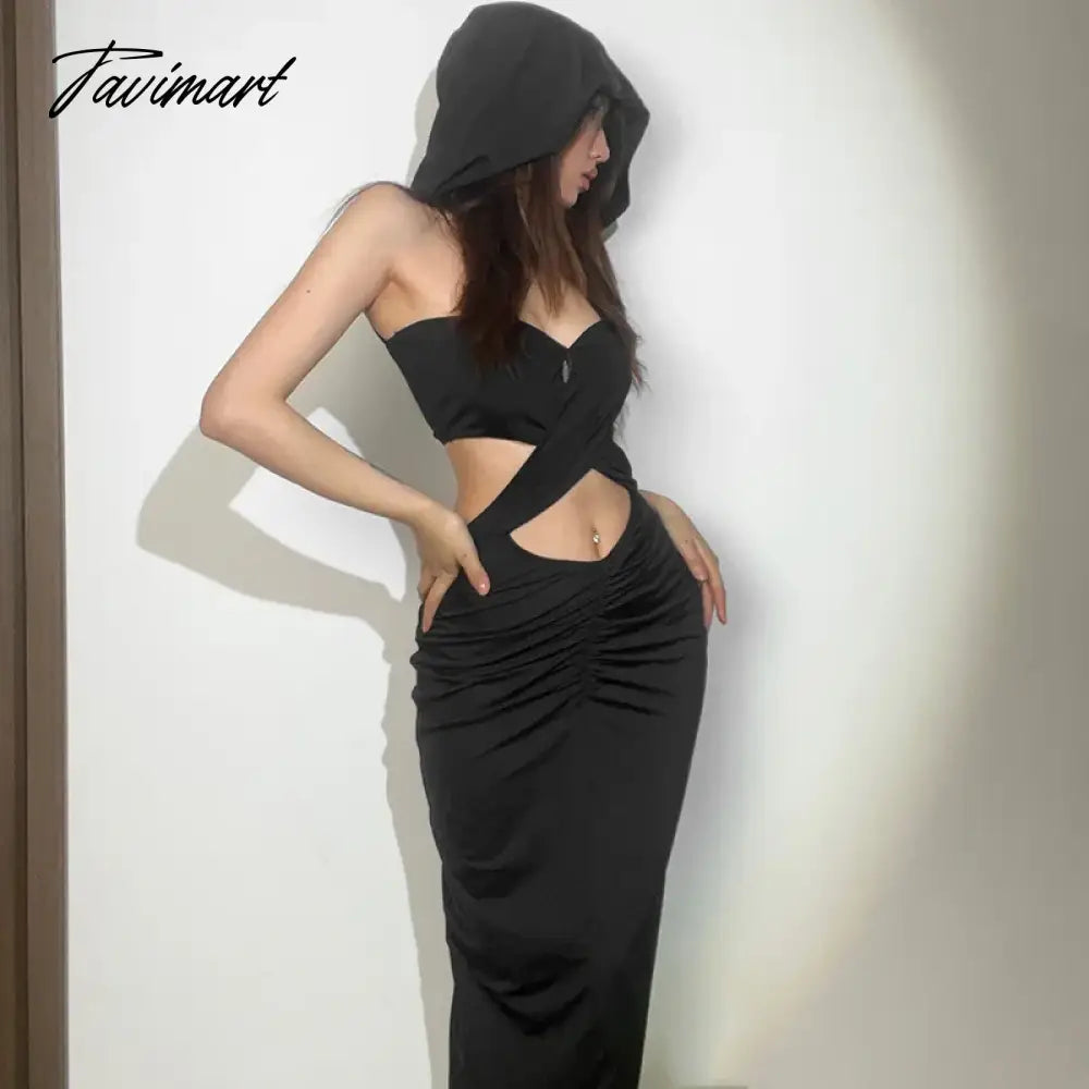 European and American style spring new women's fashion openwork sexy crop top hooded slim hip bottom dress