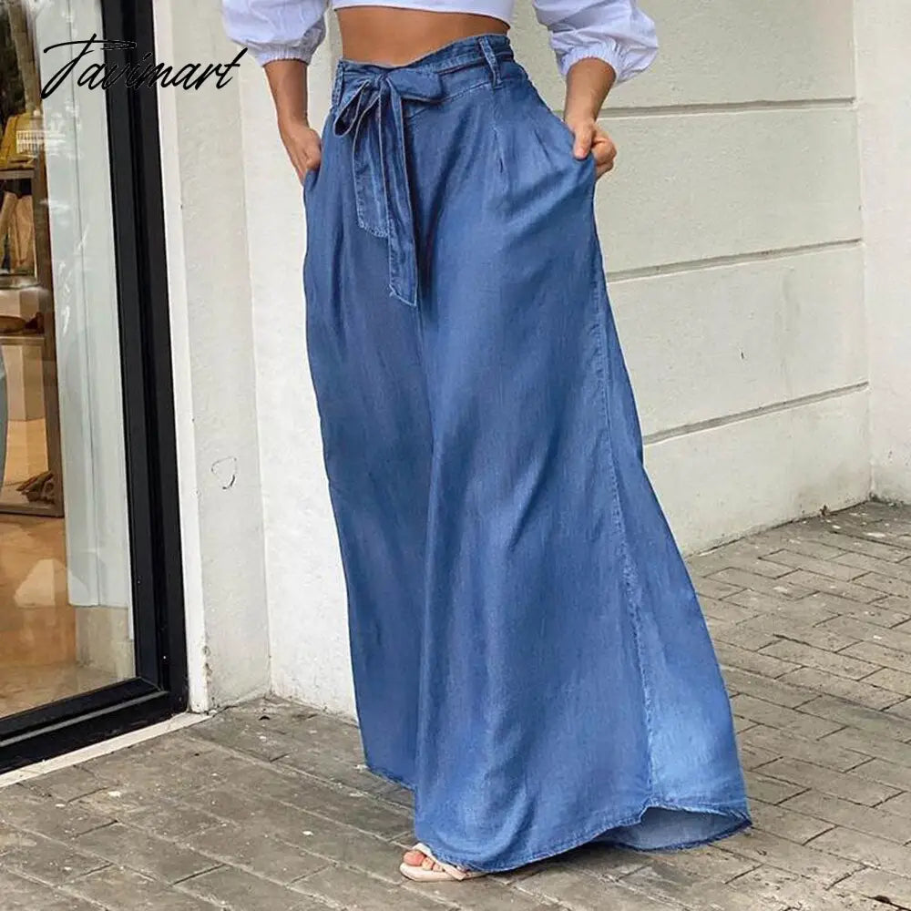 European And American Summer New Elegant Tie High Waist Wide Leg Pants Casual Loose Large Size Denim Trousers Women