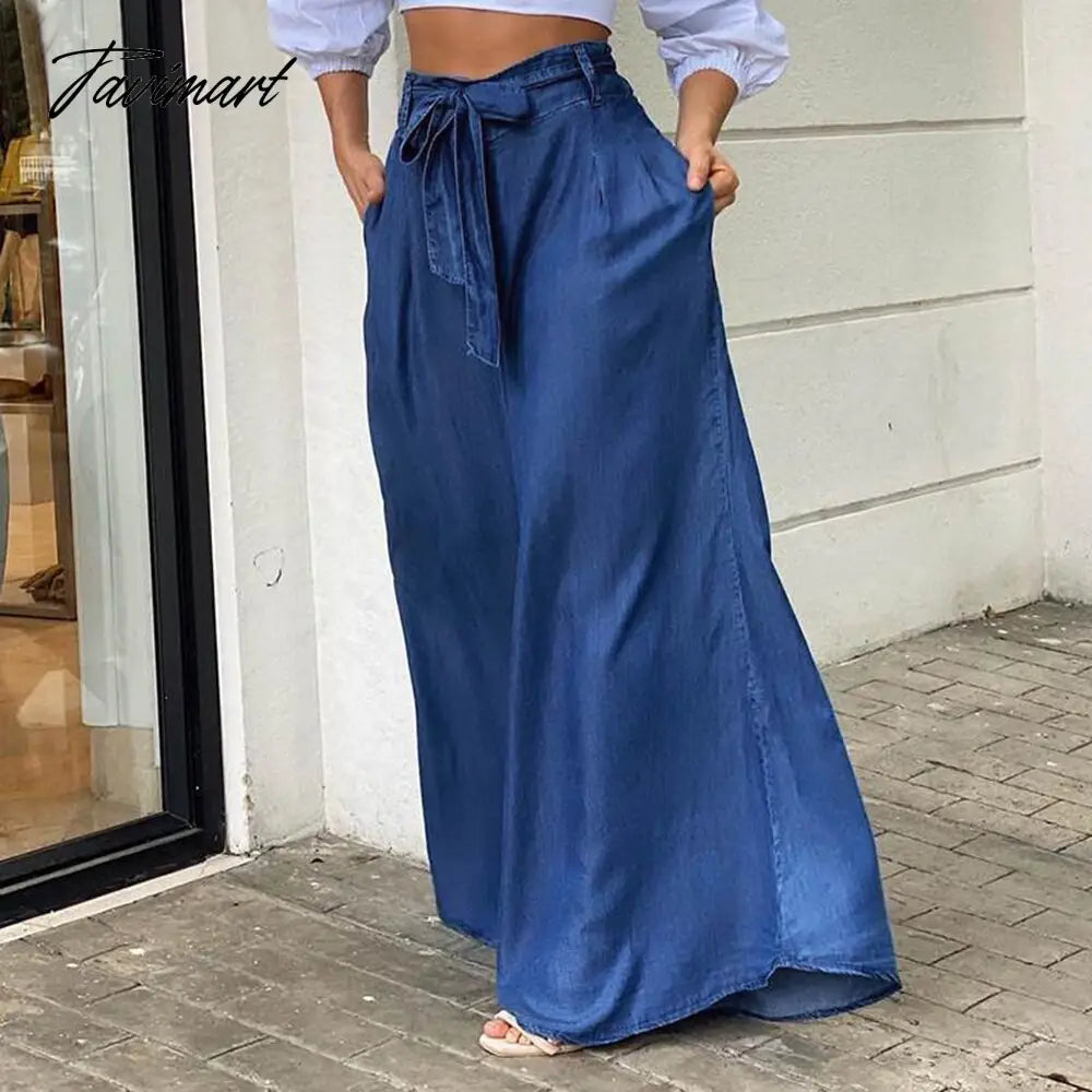 European And American Summer New Elegant Tie High Waist Wide Leg Pants Casual Loose Large Size Denim Trousers Women