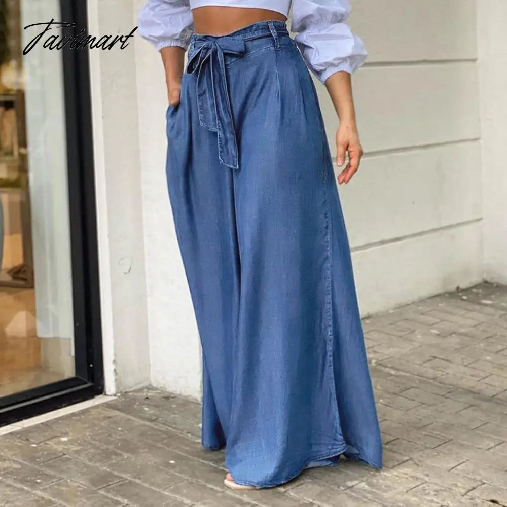 European And American Summer New Elegant Tie High Waist Wide Leg Pants Casual Loose Large Size Denim Trousers Women